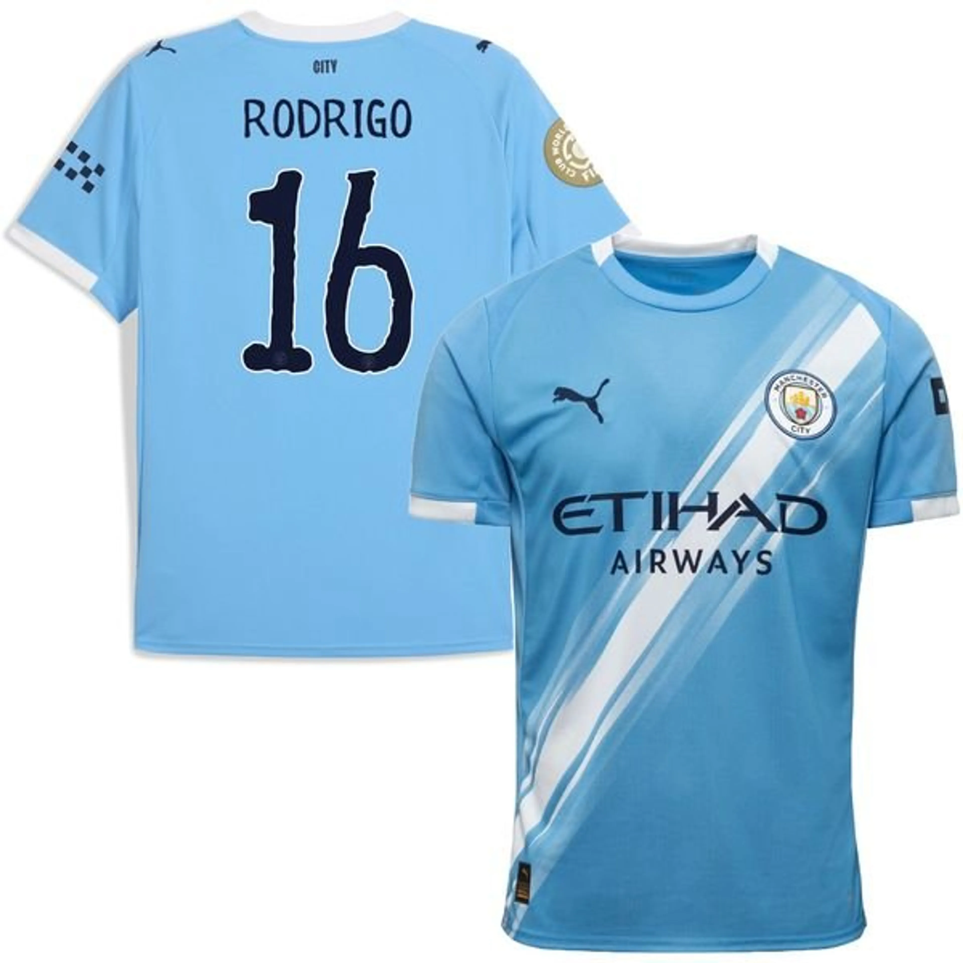 Manchester City Home Shirt 2025/26 RODRIGO 16 + Club World Cup Sleeve Patch
