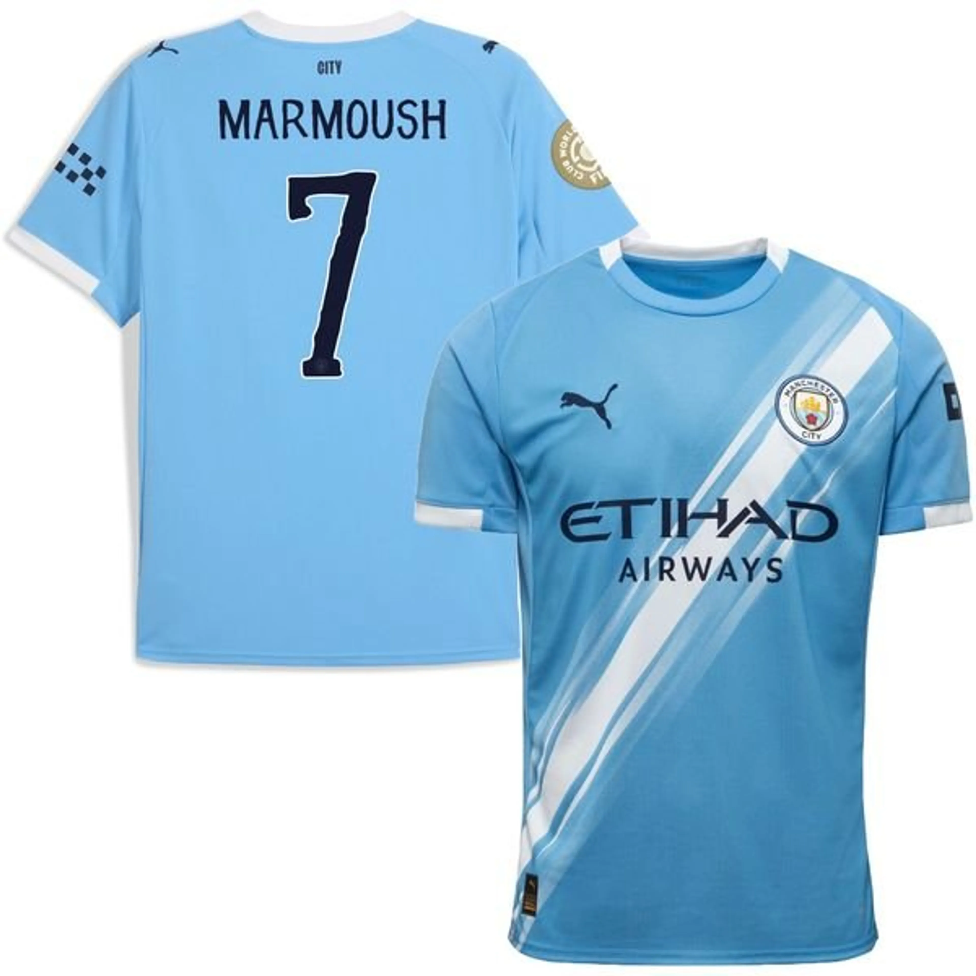 Manchester City Home Shirt 2025/26 MARMOUSH 7 + Club World Cup Sleeve Patch